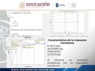 w w w . m a t a m o r o s . t e c n m . m x
Características de la respuesta
transitoria:
tr=0.41 seg
tp=0.898 seg
%Mp=16.3%
ts=2.02 seg
El sistema no presenta
problemas con su respuesta
transitoria.
 