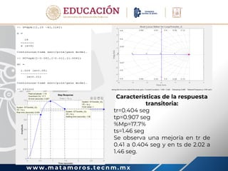 w w w . m a t a m o r o s . t e c n m . m x
Características de la respuesta
transitoria:
tr=0.404 seg
tp=0.907 seg
%Mp=17.7%
ts=1.46 seg
Se observa una mejoría en tr de
0.41 a 0.404 seg y en ts de 2.02 a
1.46 seg.
 