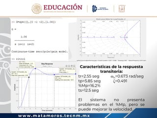 w w w . m a t a m o r o s . t e c n m . m x
Características de la respuesta
transitoria:
tr=2.55 seg n=0.673 rad/seg
tp=5.85 seg =0.491
%Mp=16.2%
ts=12.5 seg
El sistema no presenta
problemas en el %Mp, pero se
puede mejorar la velocidad.
 