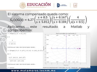 w w w . m a t a m o r o s . t e c n m . m x
El sistema compensado queda como:
Gc s G(s) = 6.27
s + 0.5
s + 5.012
s + 0.167
s + 0.104
4
s(s + 0.5)
Aplicamos este resultado a Matlab y
comprobemos:
 