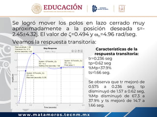 w w w . m a t a m o r o s . t e c n m . m x
Se logró mover los polos en lazo cerrado muy
aproximadamente a la posición deseada s=-
2.454.32j. El valor de =0.494 y n=4.96 rad/seg.
Veamos la respuesta transitoria:
Características de la
respuesta transitoria:
tr=0.236 seg
tp=0.62 seg
%Mp=37.9%
ts=1.66 seg.
Se observa que tr mejoró de
0.575 a 0.236 seg, tp
disminuyó de 1.57 a 0.62 seg,
%Mp disminuyó de 67.3 a
37.9% y ts mejoró de 14.7 a
1.66 seg.
 