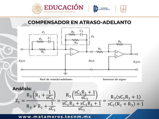 w w w . m a t a m o r o s . t e c n m . m x
COMPENSADOR EN ATRASO-ADELANTO
Análisis:
Z1 =
R3 R1 +
1
sC1
R3 + R1 +
1
sC1
=
R3
sC1R1 + 1
sC1
sC1R3 + sC1R1 + 1
sC1
=
R3 sC1R1 + 1
sC1 R1 + R3 + 1
 