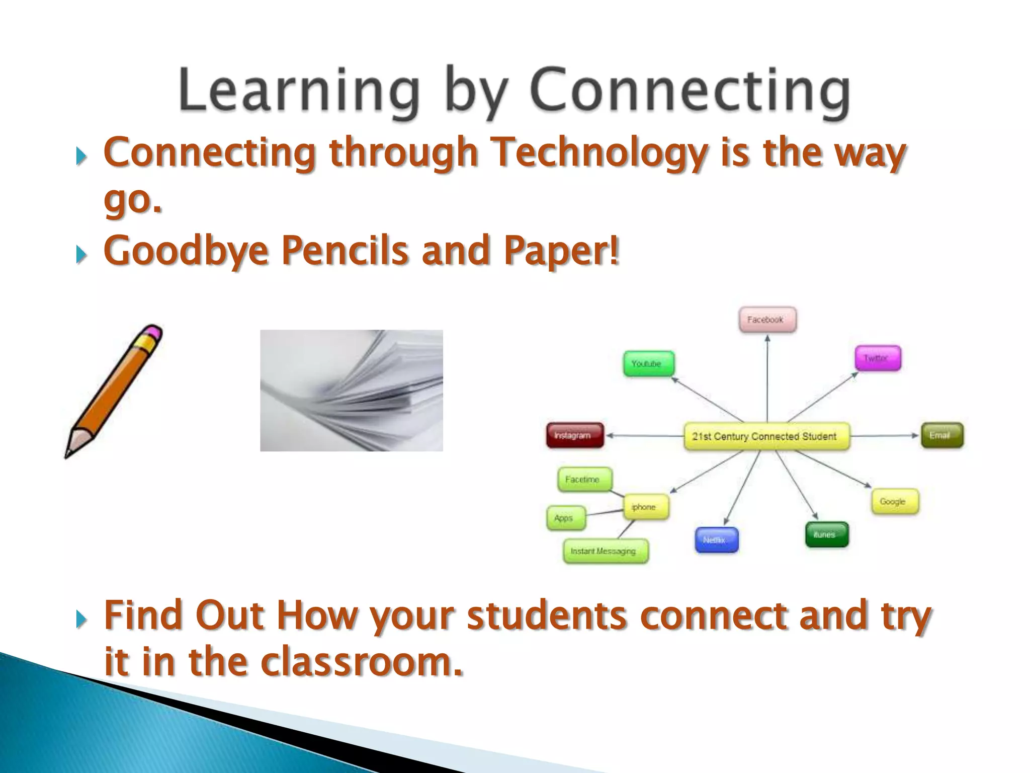    Connecting through Technology is the way
    go.
   Goodbye Pencils and Paper!




   Find Out How your students connect and try
    it in the classroom.
 