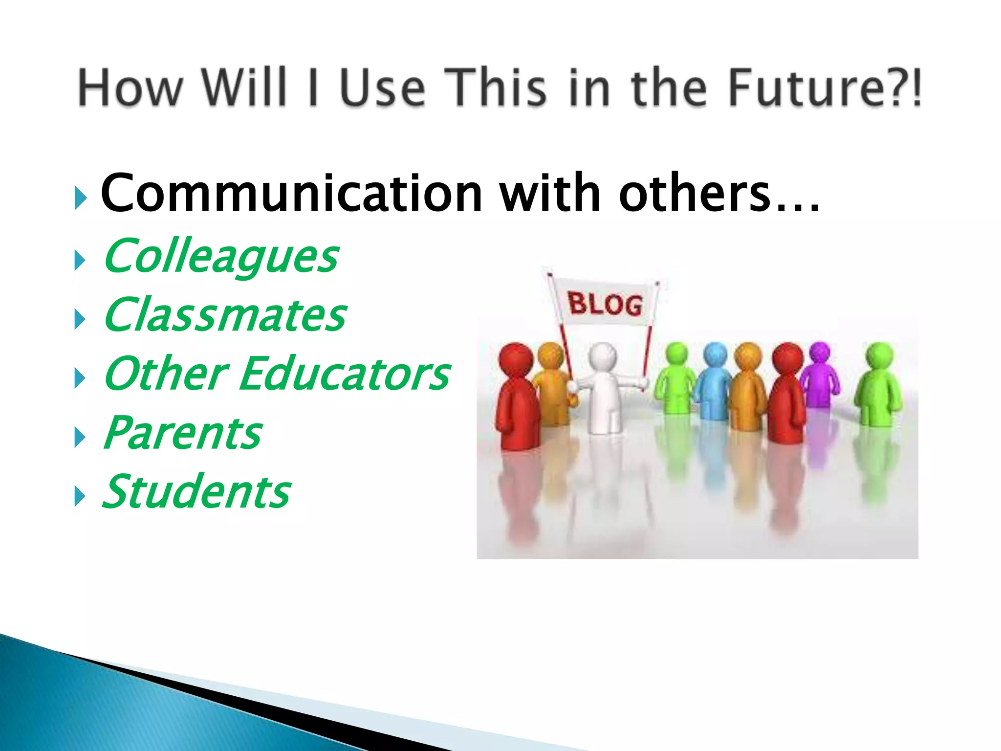  Communication     with others…
 Colleagues
 Classmates
 Other Educators
 Parents
 Students
 