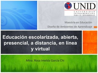 Maestría en Educación
Diseño de Ambientes de Aprendizaje
Mtra. Rosa Imelda García Chi
Educación escolarizada, abierta,
presencial, a distancia, en línea
y virtual
 
