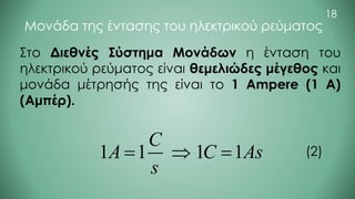 Μονάδα της έντασης του ηλεκτρικού ρεύματος
Στο Διεθνές Σύστημα Μονάδων η ένταση του
ηλεκτρικού ρεύματος είναι θεμελιώδες μέγεθος και
μονάδα μέτρησής της είναι το 1 Ampere (1 A)
(Αμπέρ).
1 1 1 1
C
A C As
s
=  = (2)
18
 