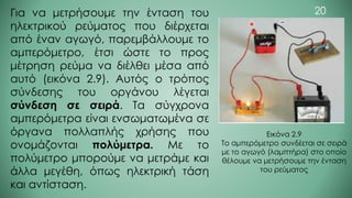 Για να μετρήσουμε την ένταση του
ηλεκτρικού ρεύματος που διέρχεται
από έναν αγωγό, παρεμβάλλουμε το
αμπερόμετρο, έτσι ώστε το προς
μέτρηση ρεύμα να διέλθει μέσα από
αυτό (εικόνα 2.9). Αυτός ο τρόπος
σύνδεσης του οργάνου λέγεται
σύνδεση σε σειρά. Τα σύγχρονα
αμπερόμετρα είναι ενσωματωμένα σε
όργανα πολλαπλής χρήσης που
ονομάζονται πολύμετρα. Με το
πολύμετρο μπορούμε να μετράμε και
άλλα μεγέθη, όπως ηλεκτρική τάση
και αντίσταση.
Εικόνα 2.9
Το αμπερόμετρο συνδέεται σε σειρά
με το αγωγό (λαμπτήρα) στο οποίο
θέλουμε να μετρήσουμε την ένταση
του ρεύματος
20
 