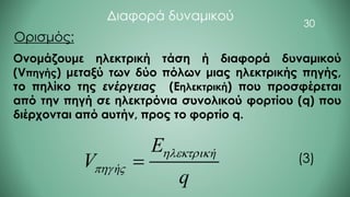 Διαφορά δυναμικού
Ονομάζουμε ηλεκτρική τάση ή διαφορά δυναμικού
(Vπηγής) μεταξύ των δύο πόλων μιας ηλεκτρικής πηγής,
το πηλίκο της ενέργειας (Eηλεκτρική) που προσφέρεται
από την πηγή σε ηλεκτρόνια συνολικού φορτίου (q) που
διέρχονται από αυτήν, προς το φορτίο q.
ή
ή
E
V
q

  = (3)
30
 