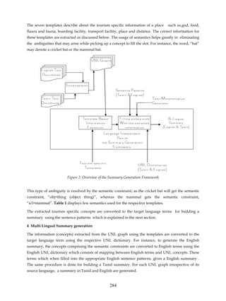 The seven templates describe about the tourism specific information of a place       such as,god, food,
flaura and fauna, boarding facility, transport facility, place and distance. The correct information for
these templates are extracted as discussed below. The usage of semantics helps greatly in eliminating
the ambiguities that may arise while picking up a concept to fill the slot. For instance, the word, “bat”
may denote a cricket bat or the mammal bat.




                        Figure 2: Overview of the Summary Generation Framework


This type of ambiguity is resolved by the semantic constraint, as the cricket bat will get the semantic
constraint, “obj<thing (object thing)”, whereas the mammal gets the semantic constraint,
“icl>mammal”. Table 1 displays few semantics used for the respective templates.

The extracted tourism specific concepts are converted to the target language terms for building a
summary using the sentence patterns which is explained in the next section.

4 Multi Lingual Summary generation

The information (concepts) extracted from the UNL graph using the templates are converted to the
target language term using the respective UNL dictionary. For instance, to generate the English
summary, the concepts comprising the semantic constraints are converted to English terms using the
English UNL dictionary which consists of mapping between English terms and UNL concepts. These
terms which when filled into the appropriate English sentence patterns, gives a English summary .
The same procedure is done for building a Tamil summary. For each UNL graph irrespective of its
source language, a summary in Tamil and English are generated.


                                                  284
 