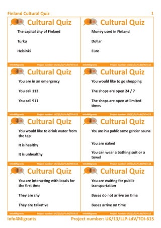 Finland Cultural Quiz 1 
Cultural Quiz 
Cultural Quiz 
Cultural Quiz 
Cultural Quiz 
Cultural Quiz 
Cultural Quiz 
Cultural Quiz 
Cultural Quiz 
Info4Migrants Project number: UK/13/LLP-LdV/TOI-615 
Info4Migrants Project number: UK/13/LLP-LdV/TOI-615 
Info4Migrants Project number: UK/13/LLP-LdV/TOI-615 
Info4Migrants Project number: UK/13/LLP-LdV/TOI-615 
Info4Migrants Project number: UK/13/LLP-LdV/TOI-615 
Info4Migrants Project number: UK/13/LLP-LdV/TOI-615 
Info4Migrants Project number: UK/13/LLP-LdV/TOI-615 
Info4Migrants Project number: UK/13/LLP-LdV/TOI-615 
Info4Migrants Project number: UK/13/LLP-LdV/TOI-615 
The capital city of Finland 
Turku 
Helsinki 
Money used in Finland 
Dollar 
Euro 
You are in an emergency 
You call 112 
You call 911 
You would like to go shopping 
The shops are open 24 / 7 
The shops are open at limited 
times 
You would like to drink water from 
the tap 
It is healthy 
It is unhealthy 
You are in a public same gender sauna 
You are naked 
You can wear a bathing suit or a 
towel 
You are interacting with locals for 
the first time 
They are shy 
They are talkative 
You are waiting for public 
transportation 
Buses do not arrive on time 
Buses arrive on time 
 