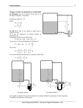 Instrumentación
Jean-François DULHOSTE – Escuela de Ingeniería Mecánica - ULA
8
Tanque cerrado con atmósfera no condensable
De diafragma, que por lo general forma parte de un
transmisor neumático o electrónico.
El diafragma indica PP −1
Donde:
hPP γ+=1
γ
PP
h
−
= 1
De tubo en U, Que se usa cuando se quiere hacer la
medición en sitio.
Si se usa un manómetro sin líquido sellador las
expresiones son:
El equilibrio de presiones se obtiene para:
( ) ( ) PzddhhP mL ++=+++ γγ0
En este caso el volumen desalojado por el líquido es:
z
A
A
dzAdAV
1
2
21 =⇒==
Por lo tanto:
0
1
2
1
2
1 h
A
A
A
A
zh
L
m
−⎟
⎟
⎠
⎞
⎜
⎜
⎝
⎛
−⎟⎟
⎠
⎞
⎜⎜
⎝
⎛
+=
γ
γ
Si la sección del tubo del manómetro es igual por ambos lados:
012 hzh
L
m
−⎟⎟
⎠
⎞
⎜⎜
⎝
⎛
−=
γ
γ
Si en cambio se requiere del uso de un manómetro con líquido sellador las expresiones serán las siguientes.
El equilibrio de presiones se obtiene para:
h
A1
P
h0
A2
d
z
h
A1
P
h0
A2
d
z
x x
y
AC
hS
0
00
Sin líquido sellador Con líquido sellador
h
P
H
P
P1
 
