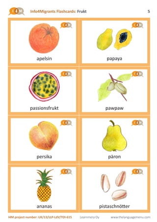 Info4Migrants Flashcards: Frukt
I4M project number: UK/13/LLP-LdV/TOI-615 Learnmera Oy www.thelanguagemenu.com
5
passionsfrukt
apelsin papaya
pawpaw
persika
ananas
päron
pistaschnötter
 