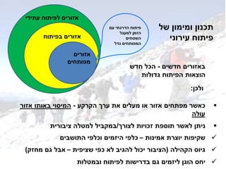 ‫של‬ ‫ומימון‬ ‫תכנון‬
‫עירוני‬ ‫פיתוח‬
‫חדשים‬ ‫באזורים‬-‫הכל‬‫חדש‬
‫גדולות‬ ‫הפיתוח‬ ‫הוצאות‬
‫ולכן‬:
‫הקרקע‬ ‫ערך‬ ‫את‬ ‫מעלים‬ ‫או‬ ‫אזור‬ ‫מפתחים‬ ‫כאשר‬-‫אזור‬ ‫באותו‬ ‫המיסוי‬
‫עולה‬
‫לצורך‬ ‫זכויות‬ ‫תוספת‬ ‫לאשר‬ ‫ניתן‬/‫ציבורית‬ ‫למטלה‬ ‫במקביל‬
‫אמינות‬ ‫יוצרת‬ ‫שקיפות‬–‫התושבים‬ ‫וכלפי‬ ‫היזמים‬ ‫כלפי‬
‫הקהילה‬ ‫גיוס‬(‫שציפית‬ ‫כפי‬ ‫לא‬ ‫להגיב‬ ‫יכול‬ ‫הציבור‬–‫מחזק‬ ‫גם‬ ‫אבל‬)
‫ובמטלות‬ ‫לפיתוח‬ ‫בדרישות‬ ‫גם‬ ‫ליזמים‬ ‫הוגן‬ ‫יחס‬
‫עתידי‬ ‫לפיתוח‬ ‫אזורים‬
‫בפיתוח‬ ‫אזורים‬
‫עתידי‬ ‫לפיתוח‬ ‫אזורים‬
‫אזורים‬
‫מפותחים‬
‫עם‬ ‫הדרגתי‬ ‫פיתוח‬
‫למעגל‬ ‫הזמן‬
‫השטחים‬
‫גדל‬ ‫המפותחים‬
 