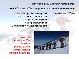 ‫שמצליחות‬ ‫ערים‬ ‫מעט‬ ‫שיש‬ ‫מראה‬ ‫הניסיון‬
‫לשינוי‬ ‫שהובילו‬ ‫הכללים‬ ‫את‬ ‫במדיין‬ ‫הציגו‬ ‫לשנות‬ ‫שהצליחו‬ ‫ערים‬
‫בתחומים‬ ‫היו‬ ‫הכללים‬:‫הקהילה‬ ‫והעצמת‬ ‫שיתוף‬,‫חינוך‬,
‫תחבורה‬,‫הציבורית‬ ‫התנהלות‬,
‫העירוני‬ ‫והפיתוח‬ ‫תכנון‬,
‫עירונית‬ ‫פעילות‬ ‫מימון‬
‫ועוד‬ ‫הפרטי‬ ‫המגזר‬ ‫ושיתוף‬ ‫גיוס‬...
‫כמה‬ ‫הנה‬
‫ורעיונות‬ ‫כלליים‬
‫הקשורים‬
‫ובביצוע‬ ‫בתכנון‬
‫אחריות‬ ‫בתחומי‬
‫מקומיות‬ ‫רשויות‬ ‫של‬
 