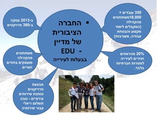 ‫החברה‬
‫הציבורית‬
‫מדיין‬ ‫של‬
-EDU
350‫עובדים‬+
18,000‫משתתפים‬
‫מהקהילה‬
(‫לימוד‬ ‫המקבלים‬
‫והבטחת‬ ‫מקצוע‬
‫עבודה‬,‫מעורבות‬)
‫לעירייה‬ ‫בבעלות‬
20%‫מהרווחים‬
‫לעירייה‬ ‫חוזרים‬
‫חברתיות‬ ‫למטרות‬
‫בלבד‬.
‫מבצעת‬
‫פרוייקטים‬
‫שירותים‬ ‫ונותנת‬
‫עירוניים‬-‫גובה‬
‫ריאלי‬ ‫תשלום‬
‫שירותיה‬ ‫עבור‬
‫ב‬-2013‫עסקה‬
‫ב‬-380‫פרויקטים‬
‫משתתפים‬
‫מהקהילה‬
‫בחוזים‬ ‫מועסקים‬
‫זמניים‬
 