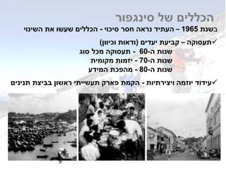 ‫סינגפור‬ ‫של‬ ‫הכללים‬
‫ב‬‫שנת‬1965–‫סיכוי‬ ‫חסר‬ ‫נראה‬ ‫העתיד‬-‫השינוי‬ ‫את‬ ‫שעשו‬ ‫הכללים‬
‫תעסוקה‬–‫יעדים‬ ‫קביעת‬(‫וכיוון‬ ‫ודאות‬)
‫ה‬ ‫שנות‬-60-‫סוג‬ ‫מכל‬ ‫תעסוקה‬
‫ה‬ ‫שנות‬-70-‫מקומית‬ ‫יזמות‬
‫ה‬ ‫שנות‬-80-‫המידע‬ ‫מהפכת‬
‫ויצירתיות‬ ‫יוזמה‬ ‫עידוד‬-‫תנינים‬ ‫בביצת‬ ‫ראשון‬ ‫תעשייתי‬ ‫פארק‬ ‫הקמת‬
9
 