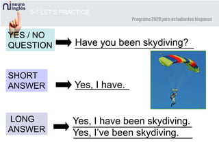 ______________________Have you been skydiving?
5-1 LET’S PRACTICE
YES / NO
QUESTION
SHORT
ANSWER
LONG
ANSWER
__________
Yes, I have been skydiving.
Yes, I’ve been skydiving.
Yes, I have.
______________________
______________________
 