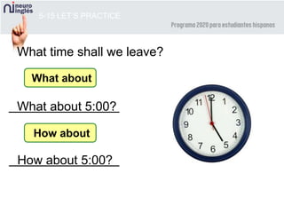 5-15 LET’S PRACTICE
What time shall we leave?
What about
What about 5:00?
How about
How about 5:00?
 