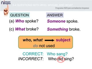 who, what subject
5-4 QUESTIONS WITH WHO, WHO(M), AND WHAT
QUESTION ANSWER
(a) Who spoke? Someone spoke.
do not used
(c) What broke? Something broke.
CORRECT: Who sang?
INCORRECT: Who did sing?
 