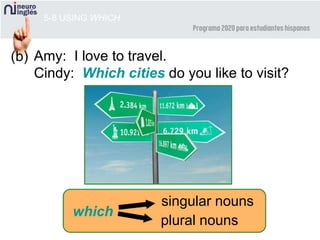 5-8 USING WHICH
Amy: I love to travel.
Cindy: Which cities do you like to visit?
(b)
which
plural nouns
singular nouns
 