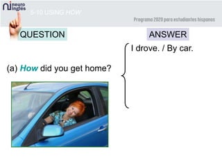 5-10 USING HOW
QUESTION ANSWER
(a) How did you get home?
I drove. / By car.
 