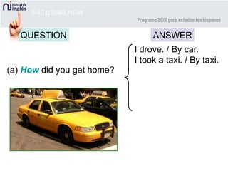 5-10 USING HOW
QUESTION ANSWER
(a) How did you get home?
I drove. / By car.
I took a taxi. / By taxi.
 