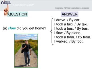 5-10 USING HOW
QUESTION ANSWER
(a) How did you get home?
I drove. / By car.
I took a taxi. / By taxi.
I took a bus. / By bus.
I flew. / By plane.
I took a train. / By train.
I walked. / By foot.
 