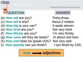 5-10 USING HOW
(b) How old are you? Thirty-three.
(c) How tall is she? About 2 meters.
(d) How big is your van? It seats eleven.
(e) How tired are you? Not very tired.
(f) How thirsty are you? I’m very thirsty.
(g) How soon will they be ready? In about one hour.
(h) How well does he speak Urdu? Not very well.
(i) How quickly can you finish? I can finish by 3:00.
how adjectives
QUESTION ANSWER
 