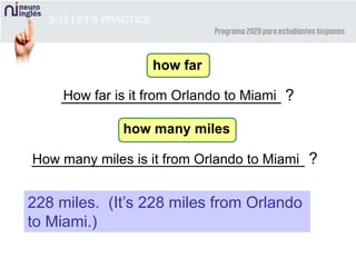_______________________________ ?How many miles is it from Orlando to Miami
_________________________ ?
5-12 LET’S PRACTICE
How far is it from Orlando to Miami
228 miles. (It’s 228 miles from Orlando
to Miami.)
how far
how many miles
 