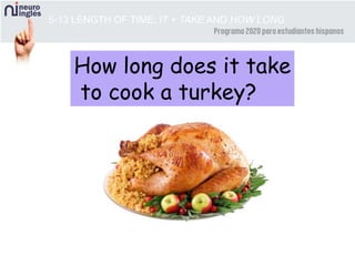 5-13 LENGTH OF TIME: IT + TAKE AND HOW LONG
How long does it take
to cook a turkey?
 