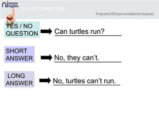 Can turtles run?
5-1 LET’S PRACTICE
YES / NO
QUESTION
SHORT
ANSWER
LONG
ANSWER No, turtles can’t run.
No, they can’t.
_________________
_________________
_________________
 