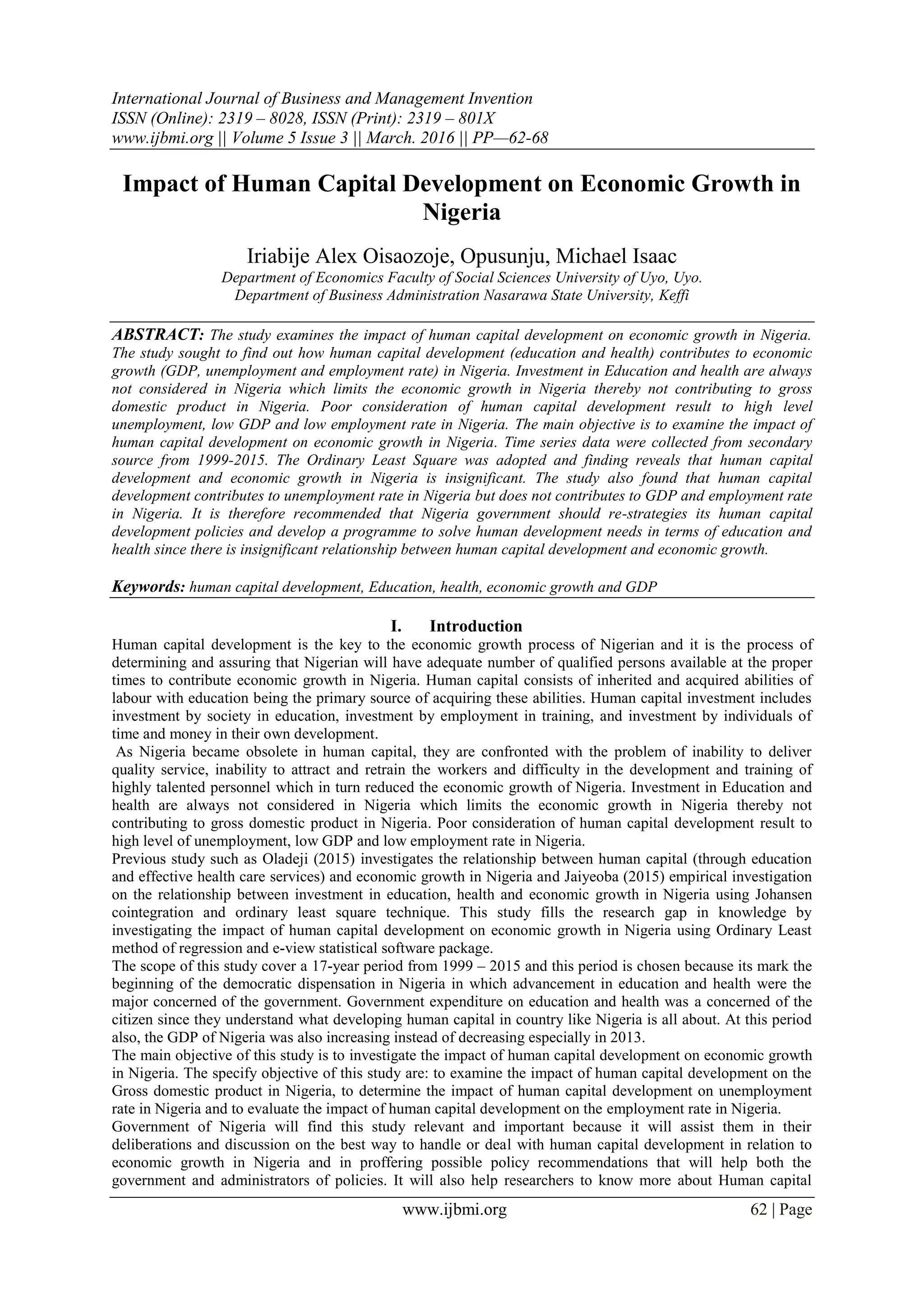 Impact of Human Capital Development on Economic Growth in Nigeria | PDF
