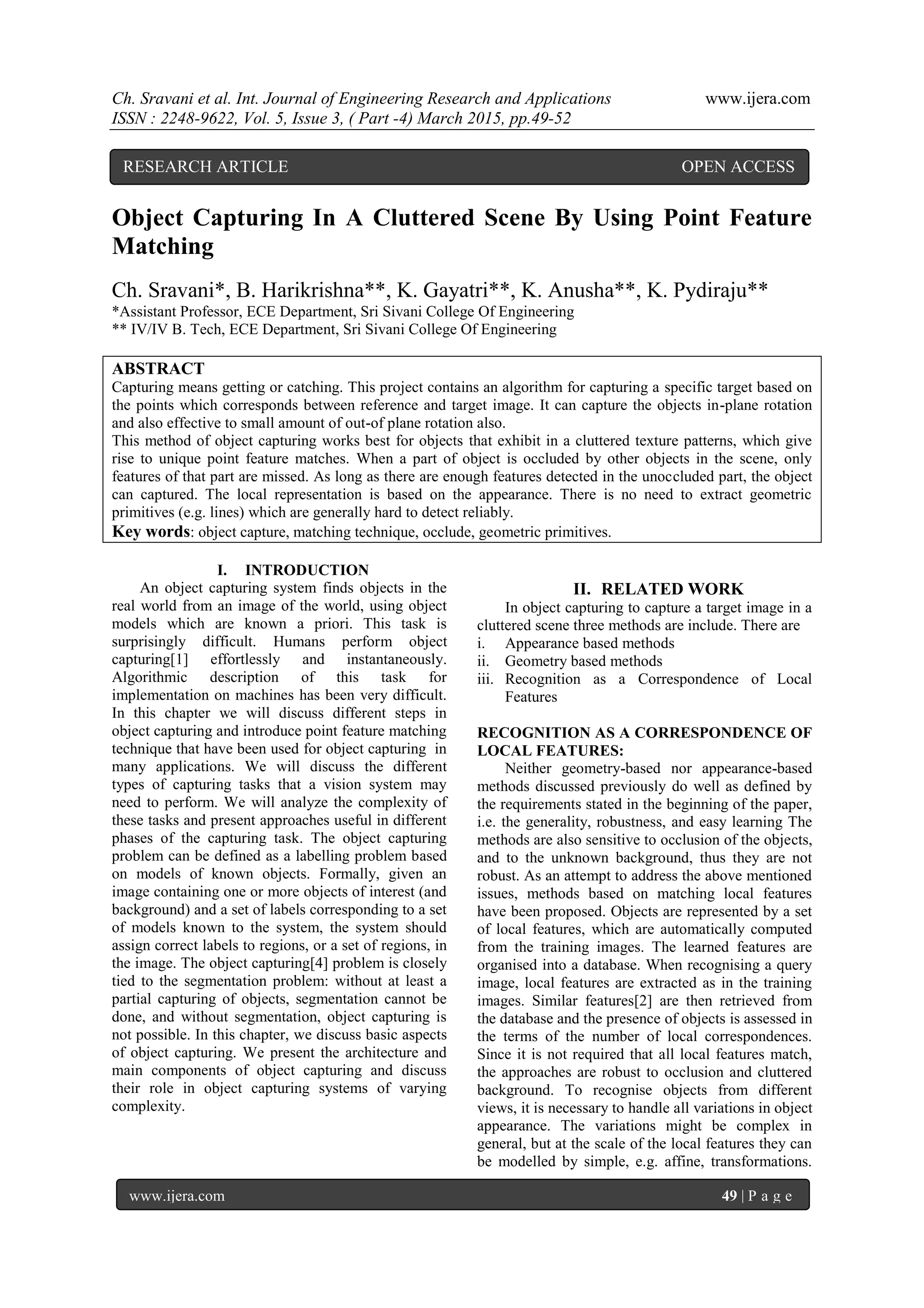 Object Capturing In A Cluttered Scene By Using Point Feature Matching | PDF