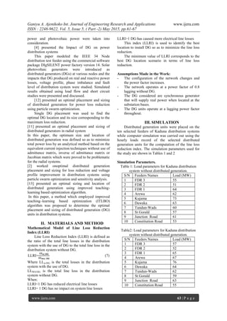 Ganiyu A. Ajenikoko Int. Journal of Engineering Research and Applications www.ijera.com
ISSN : 2248-9622, Vol. 5, Issue 5, ( Part -2) May 2015, pp.61-67
www.ijera.com 63 | P a g e
power and photovoltaic power were taken into
consideration.
[4] presented the Impact of DG on power
distribution systems
This paper modeled the IEEE 34 Node
distribution test feeder using the commercial software
package DIgSILENT power factory version 14. Solar
photovoltaic generators were introduced as
distributed generators (DGs) at various nodes and the
impacts that DG produced on real and reactive power
losses, voltage profile, phase imbalance and fault
level of distribution system were studied. Simulated
results obtained using load flow and short circuit
studies were presented and discussed.
[12] presented an optimal placement and sizing
of distributed generation for power loss reduction
using particle swarm optimization.
Single DG placement was used to find the
optimal DG location and its size corresponding to the
maximum loss reduction.
[11] presented an optimal placement and sizing of
distributed generators in radial system
In this paper, the optimum size and location of
distributed generation was defined so as to minimize
total power loss by an analytical method based on the
equivalent current injection techniques without use of
admittance matrix, inverse of admittance matrix or
Jacobian matrix which were proved to be problematic
for the radial systems.
[2] worked onoptimal distributed generation
placement and sizing for loss reduction and voltage
profile improvement in distribution systems using
particle swarm optimization and sensitivity analysis.
[13] presented an optimal sizing and location of
distributed generation using improved teaching-
learning based optimization algorithm.
In this paper, a method which employed improved
teaching–learning based optimization (ITLBO)
algorithm was proposed to determine the optimal
placement and sizing of distributed generation (DG)
units in distribution systems.
II. MATERIALS AND METHOD
Mathematical Model of Line Loss Reduction
Index (LLRI)
Line Loss Reduction Index (LLRI) is defined as
the ratio of the total line losses in the distribution
system with the use of DG to the total line loss in the
distribution system without DG.
LLRI=
𝑳𝑳 𝒘/𝑫𝑮
𝑳𝑳 𝒘𝒐/ 𝑫𝑮
(7)
Where LLw/DG is the total losses in the distribution
system with the use of DG.
LLWO/DG is the total line loss in the distribution
system without DG.
When:
LLRI<1 DG has reduced electrical line losses
LLRI= 1 DG has no impact on system line losses
LLRI>1 DG has caused more electrical line losses
This index (LLRI) is used to identify the best
location to install DG so as to minimize the line loss
reduction.
The minimum value of LLRI corresponds to the
best DG location scenario in terms of line loss
reduction.
Assumptions Made in the Work:
- The configuration of the network changes and
the power factor increases.
- The network operates at a power factor of 0.8
lagging without DG.
- The DG considered are synchronous generator
that will supply real power when located at the
substation bases.
- The DG units operate at a lagging power factor
throughout.
III. SIMULATION
Distributed generation units were placed on the
ten selected feeders of Kaduna distribution systems
while computer simulation was carried out using the
hourly loads record of the selected distributed
generation units for the computation of the line loss
reduction index. The simulation parameters used for
the study are shown in Tables 1 and 2
Simulation Parameters.
Table 1: Load parameters for Kaduna distribution
system without distributed generation.
S/N Feeders Names Load (MW)
1 FDR 3 55
2 FDR 2 51
3 FDR 1 64
4 Arewa 62
5 Kujama 73
6 Dawaka 63
7 Tundun-Wads 60
8 St Gorald 57
9 Junction Road 61
10 Constitution Road 53
Table2: Load parameters for Kaduna distribution
system without distributed generation.
S/N Feeders Names Load (MW)
1 FDR 3 57
2 FDR 2 52
3 FDR 1 65
4 Arewa 67
5 Kujama 76
6 Dawaka 64
7 Tundun-Wads 62
8 St Gorald 59
9 Junction Road 63
10 Constitution Road 55
 