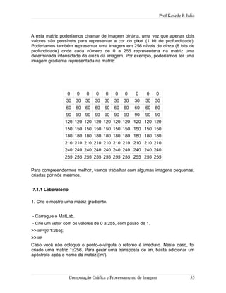 Prof Kesede R Julio
A esta matriz poderíamos chamar de imagem binária, uma vez que apenas dois
valores são possíveis para representar a cor do pixel (1 bit de profundidade).
Poderíamos também representar uma imagem em 256 níveis de cinza (8 bits de
profundidade) onde cada número de 0 a 255 representaria na matriz uma
determinada intensidade de cinza da imagem. Por exemplo, poderíamos ter uma
imagem gradiente representada na matriz:
0 0 0 0 0 0 0 0 0 0
30 30 30 30 30 30 30 30 30 30
60 60 60 60 60 60 60 60 60 60
90 90 90 90 90 90 90 90 90 90
120 120 120 120 120 120 120 120 120 120
150 150 150 150 150 150 150 150 150 150
180 180 180 180 180 180 180 180 180 180
210 210 210 210 210 210 210 210 210 210
240 240 240 240 240 240 240 240 240 240
255 255 255 255 255 255 255 255 255 255
Para compreendermos melhor, vamos trabalhar com algumas imagens pequenas,
criadas por nós mesmos.
7.1.1 Laboratório
1. Crie e mostre uma matriz gradiente.
- Carregue o MatLab.
- Crie um vetor com os valores de 0 a 255, com passo de 1.
>> im=[0:1:255];
>> im
Caso você não coloque o ponto-e-vírgula o retorno é imediato. Neste caso, foi
criado uma matriz 1x256. Para gerar uma transposta de im, basta adicionar um
apóstrofo após o nome da matriz (im').
Computação Gráfica e Processamento de Imagem 55
 