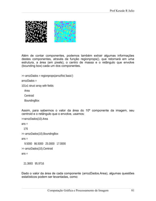 Prof Kesede R Julio
Além de contar componentes, podemos também extrair algumas informações
destes componentes, através da função regionprops(), que retornará em uma
estrutura, a área (em pixels), o centro de massa e o retângulo que envolve
(bounding box) cada um dos componentes.
>> arrozDados = regionprops(arrozRot,'basic')
arrozDados =
101x1 struct array with fields:
Area
Centroid
BoundingBox
Assim, para sabermos o valor da área do 10º componente da imagem, seu
centroid e o retângulo que o envolve, usamos:
>>arrozDados(10).Area
ans =
176
>> arrozDados(10).BoundingBox
ans =
9.5000 86.5000 25.0000 17.0000
>> arrozDados(10).Centroid
ans =
21.3693 95.9716
Dado o valor da área de cada componente (arrozDados.Area), algumas questões
estatísticos podem ser levantadas, como:
Computação Gráfica e Processamento de Imagem 81
 