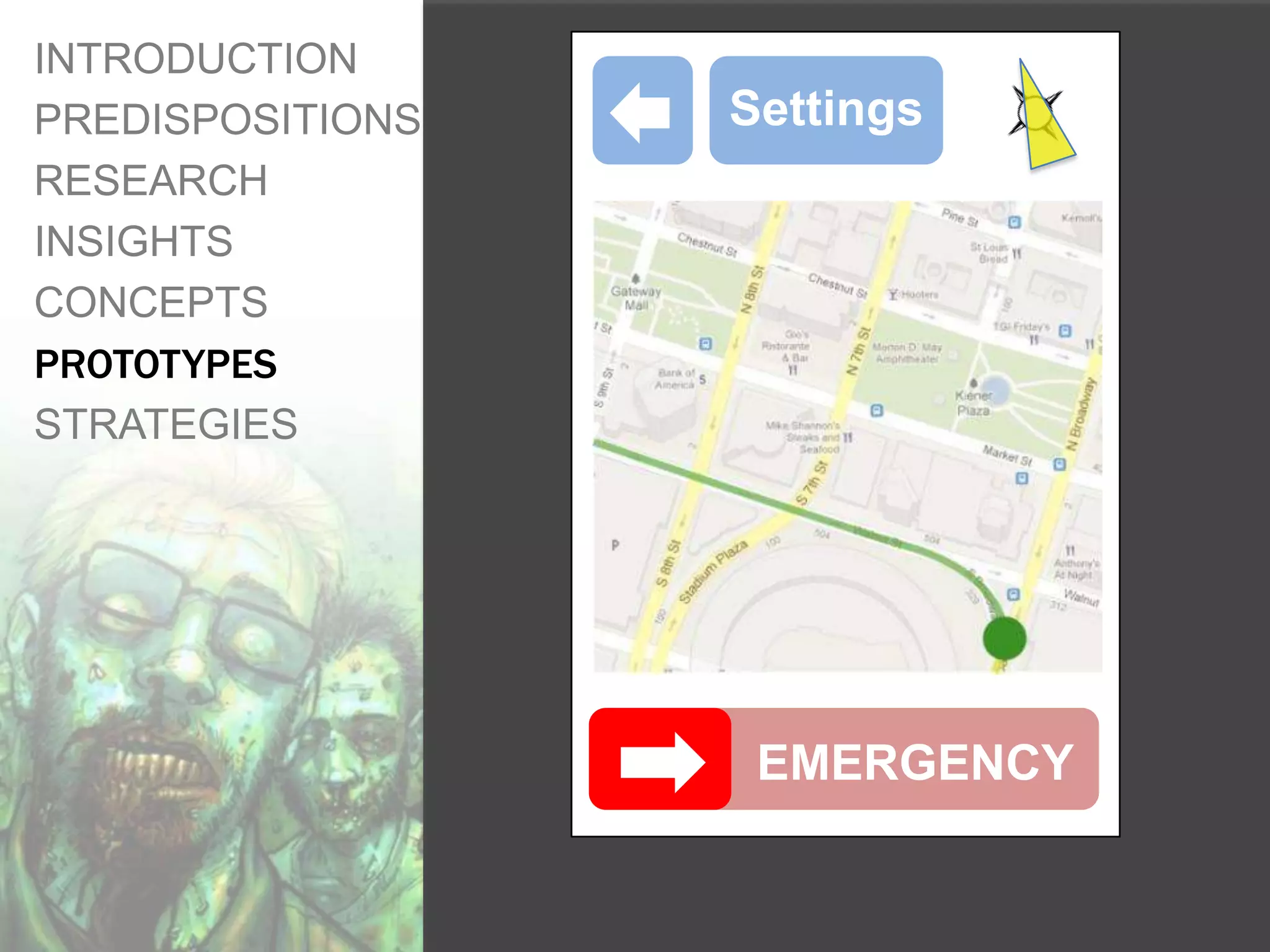 INTRODUCTION
PREDISPOSITIONS   Settings
RESEARCH
INSIGHTS
CONCEPTS
PROTOTYPES
STRATEGIES




                   EMERGENCY
 