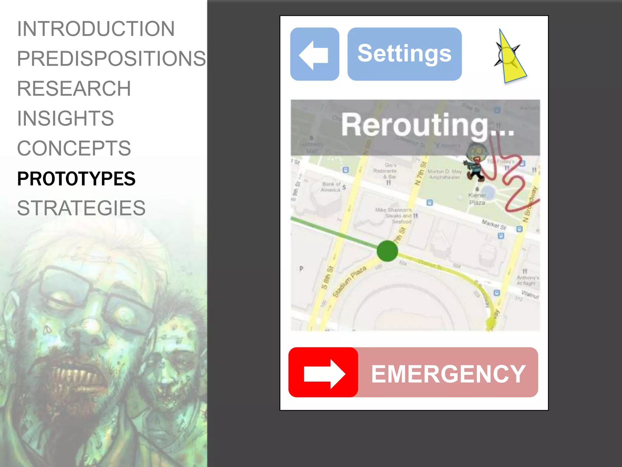INTRODUCTION
PREDISPOSITIONS   Settings
RESEARCH
INSIGHTS
CONCEPTS
PROTOTYPES
STRATEGIES




                   EMERGENCY
 