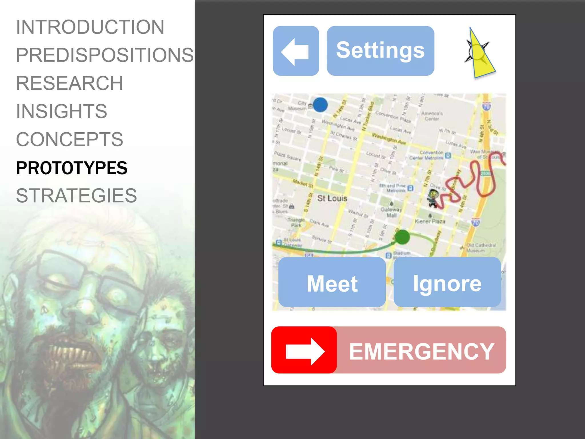 INTRODUCTION
PREDISPOSITIONS     Settings
RESEARCH
INSIGHTS
CONCEPTS
PROTOTYPES
STRATEGIES



                  Meet    Ignore


                     EMERGENCY
 