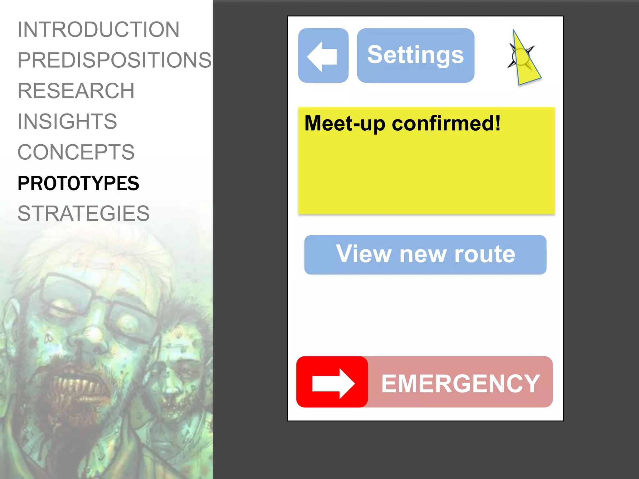 INTRODUCTION
PREDISPOSITIONS        Settings
RESEARCH
INSIGHTS          Meet-up confirmed!
CONCEPTS
PROTOTYPES
STRATEGIES
                    View new route




                        EMERGENCY
 