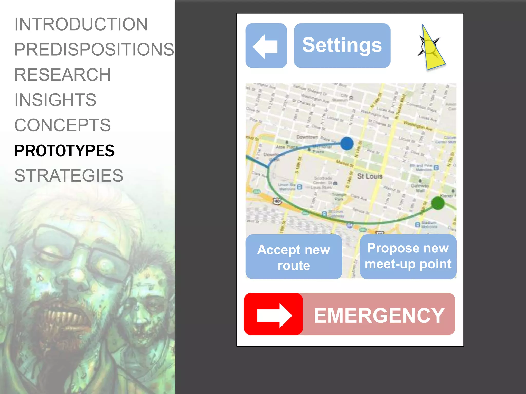INTRODUCTION
PREDISPOSITIONS         Settings
RESEARCH
INSIGHTS
CONCEPTS
PROTOTYPES
STRATEGIES



                  Accept new   Propose new
                     route     meet-up point



                         EMERGENCY
 