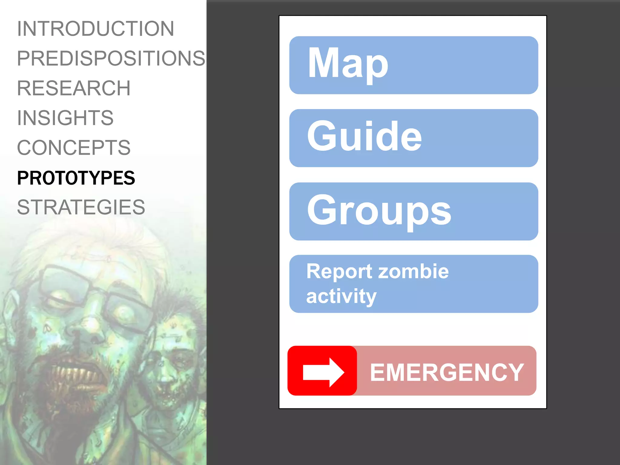 INTRODUCTION
PREDISPOSITIONS
RESEARCH
                  Map
INSIGHTS
CONCEPTS          Guide
PROTOTYPES
STRATEGIES        Groups
                  Report zombie
                  activity


                       EMERGENCY
 