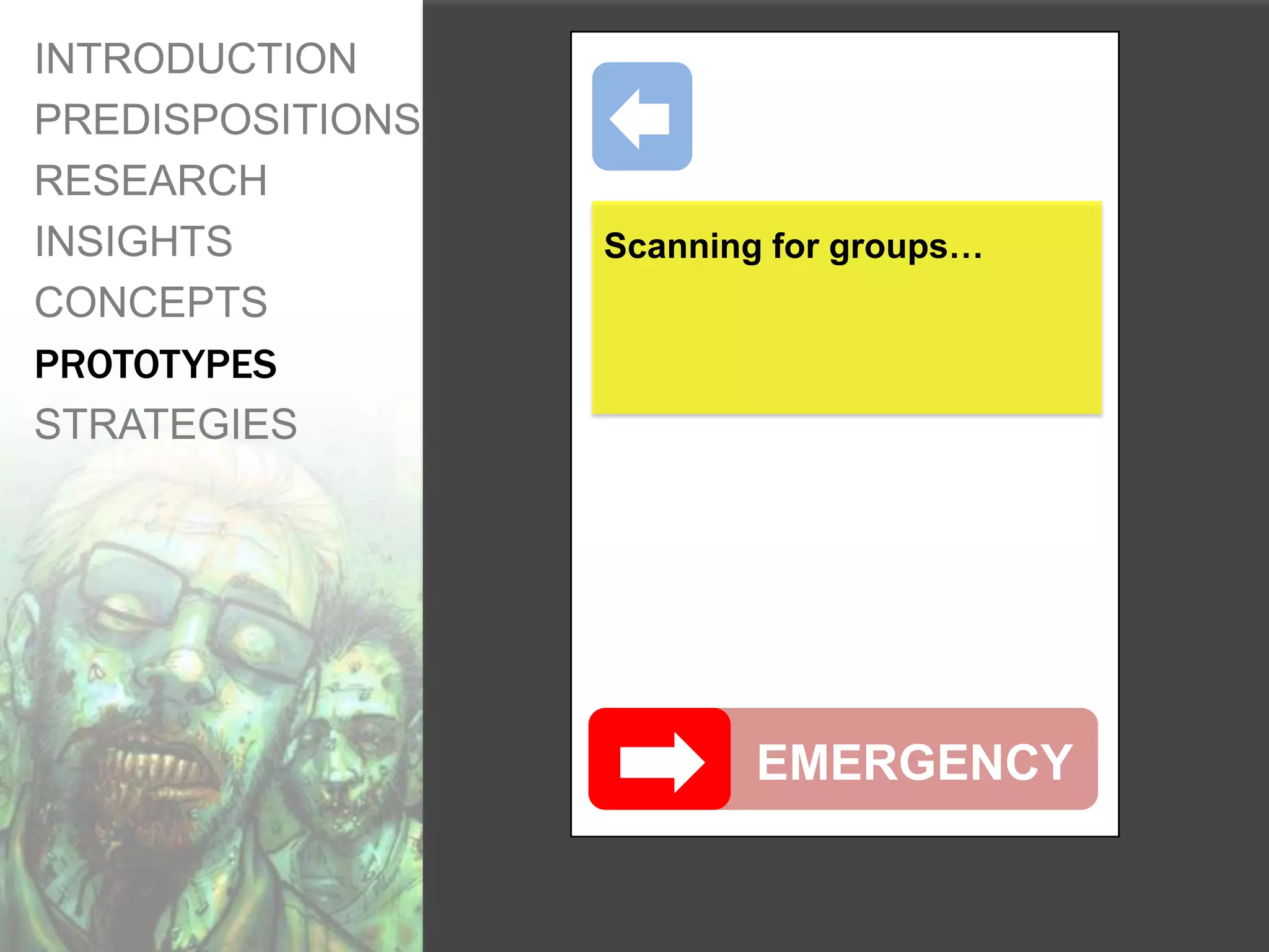 INTRODUCTION
PREDISPOSITIONS
RESEARCH
INSIGHTS          Scanning for groups…
CONCEPTS
PROTOTYPES
STRATEGIES




                          EMERGENCY
 