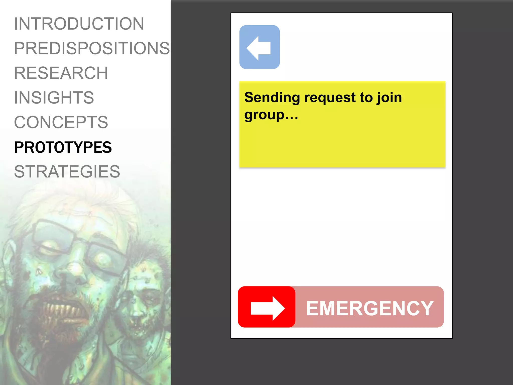 INTRODUCTION
PREDISPOSITIONS
RESEARCH
INSIGHTS          Sending request to join
                  group…
CONCEPTS
PROTOTYPES
STRATEGIES




                          EMERGENCY
 