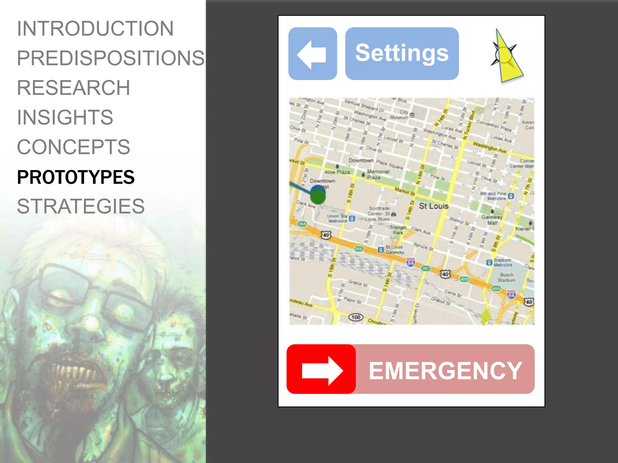 INTRODUCTION
PREDISPOSITIONS   Settings
RESEARCH
INSIGHTS
CONCEPTS
PROTOTYPES
STRATEGIES




                   EMERGENCY
 