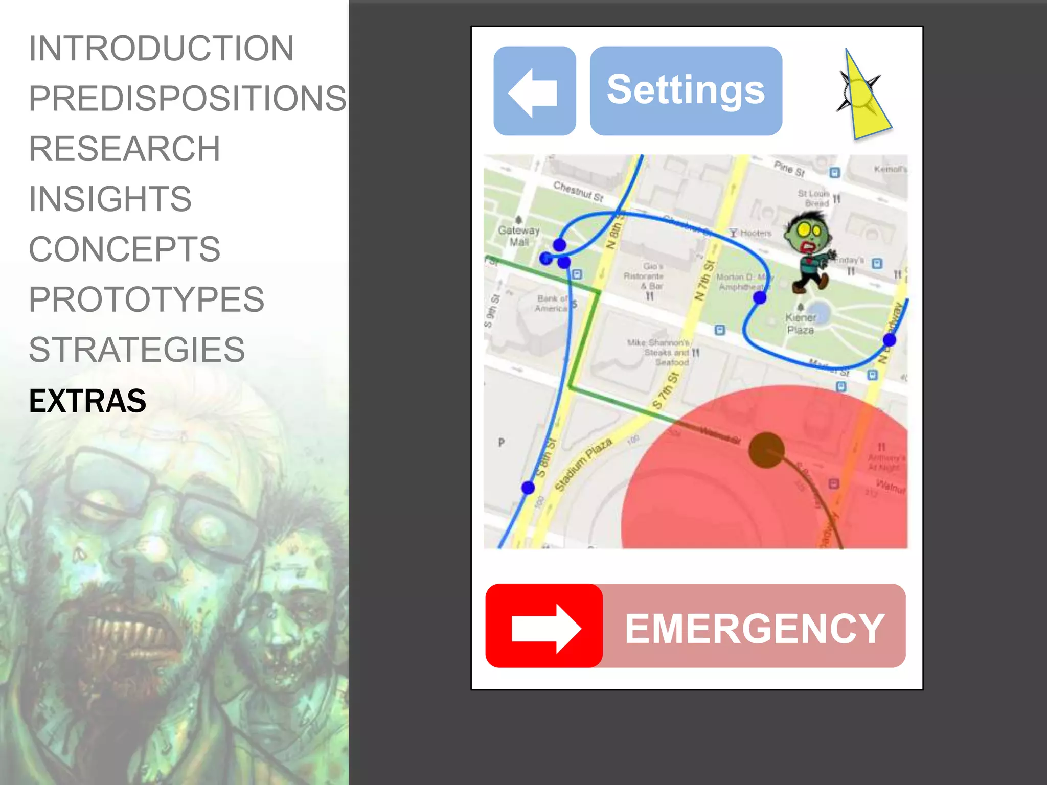 INTRODUCTION
PREDISPOSITIONS   Settings
RESEARCH
INSIGHTS
CONCEPTS
PROTOTYPES
STRATEGIES
EXTRAS




                  EMERGENCY
 