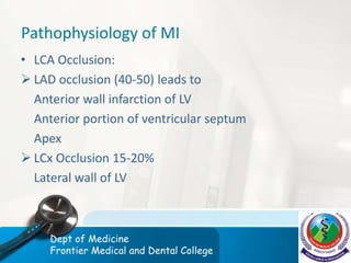 Pathophysiology of MI
• LCA Occlusion:
 LAD occlusion (40-50) leads to
Anterior wall infarction of LV
Anterior portion of ventricular septum
Apex
 LCx Occlusion 15-20%
Lateral wall of LV
Dept of Medicine
Frontier Medical and Dental College
 