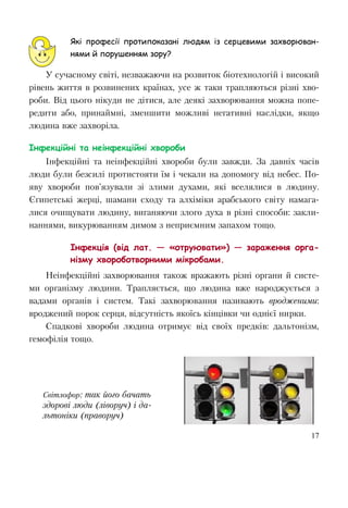 17
Які професії протипоказані людям із серцевими захворюван-
нями й порушенням зору?
У сучасному світі, незважаючи на розвиток біотехнологій і високий
рівень життя в розвинених країнах, усе ж таки трапляються різні хво-
роби. Від цього нікуди не дітися, але деякі захворювання можна попе-
редити або, принаймні, зменшити можливі негативні наслідки, якщо
людина вже захворіла.
Інфекційні та неінфекційні хвороби
Інфекційні та неінфекційні хвороби були завжди. За давніх часів
люди були безсилі протистояти їм і чекали на допомогу від небес. По-
яву хвороби пов’язували зі злими духами, які вселялися в людину.
Єгипетські жерці, шамани сходу та алхіміки арабського світу намага-
лися очищувати людину, виганяючи злого духа в різні способи: закли-
наннями, викурюванням димом з неприємним запахом тощо.
Інфекція (від лат. — «отруювати») — зараження орга-
нізму хвороботворними мікробами.
Неінфекційні захворювання також вражають різні органи й систе-
ми організму людини. Трапляється, що людина вже народжується з
вадами органів і систем. Такі захворювання називають вродженими:
вроджений порок серця, відсутність якоїсь кінцівки чи однієї нирки.
Спадкові хвороби людина отримує від своїх предків: дальтонізм,
гемофілія тощо.
Світлофор: так його бачать
здорові люди (ліворуч) і да-
льтоніки (праворуч)
 
