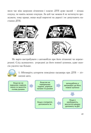 43
вило час між загрозою зіткнення і власне ДТП дуже малий — кілька
секунд, чи навіть менше секунди. За цей час можна й не встигнути зре-
агувати, тому краще, якщо водії коректні на дорозі і не допускають на-
стання ДТП.
Не варто вистрибувати з автомобіля при його зіткненні чи переве-
ртанні. Слід залишатись усередині до його повної зупинки, адже шан-
сів уціліти так більше.
1. Обговоріть алгоритм поведінки пасажира при ДТП — зіт-
кненні авто.
 