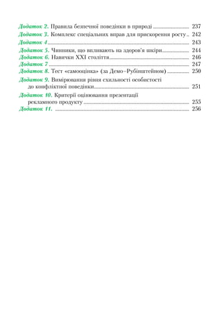 Додаток 2. Правила безпечної поведінки в природі ............................ 237
Додаток 3. Комплекс спеціальних вправ для прискорення росту.. 242
Додаток 4.............................................................................................................. 243
Додаток 5. Чинники, що впливають на здоров’я шкіри..................... 244
Додаток 6. Навички ХХІ століття.............................................................. 246
Додаток 7 ............................................................................................................. 247
Додаток 8. Тест «самооцінка» (за Демо–Рубінштейном) ................. 250
Додаток 9. Вимірювання рівня схильності особистості
до конфліктної поведінки.......................................................................... 251
Додаток 10. Критерії оцінювання презентації
рекламного продукту .................................................................................. 255
Додаток 11. ........................................................................................................ 256
 